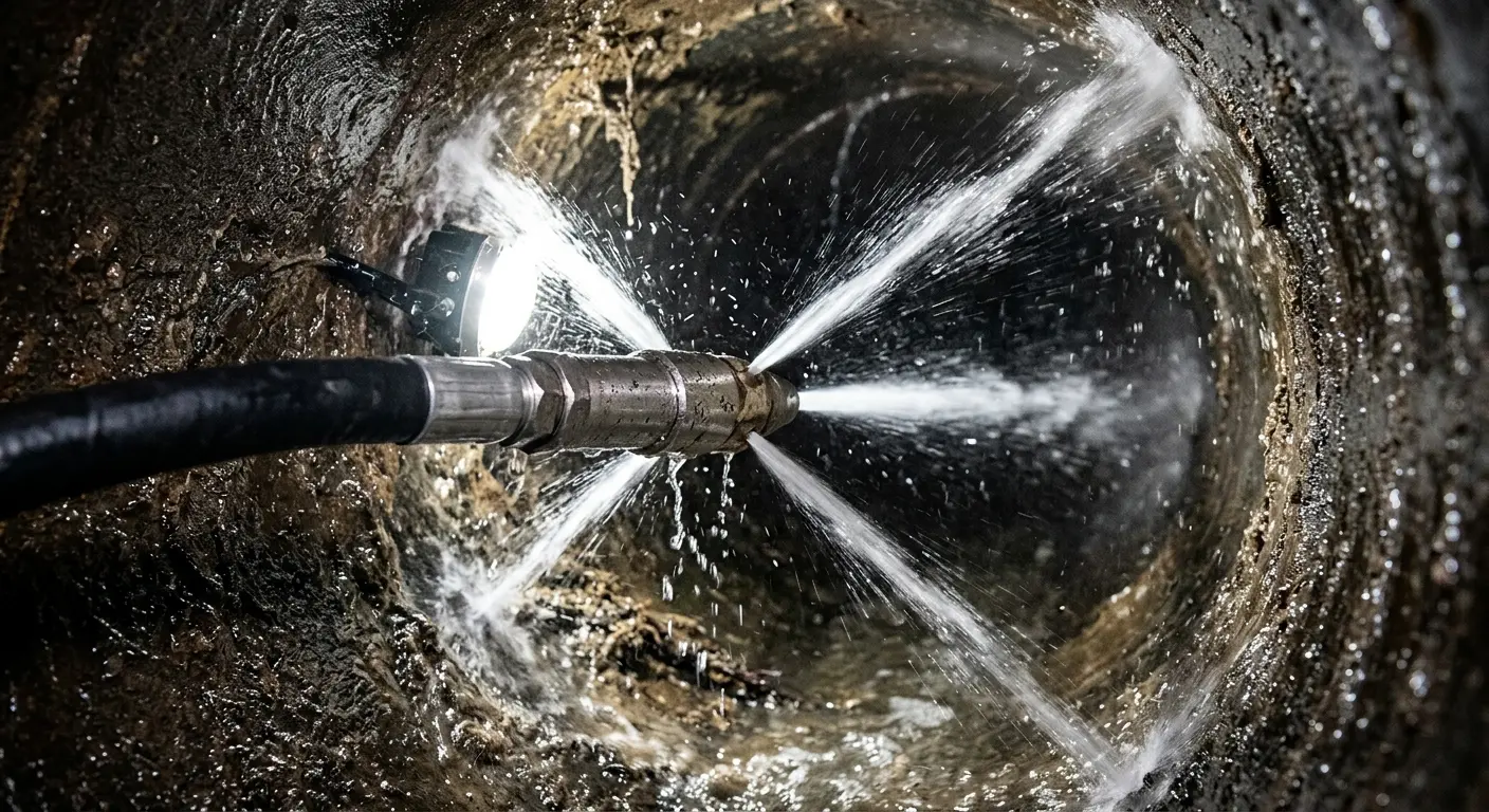 High-pressure hydro jetting nozzle cleaning sewer pipe for Emergency Drain Service in Norcross